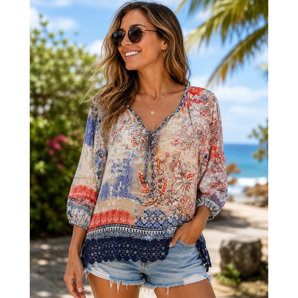 Chicos Womens Size 1 (Medium) Boho Printed Tunic Top Lace Hem Tie Neck Crochet